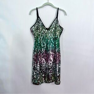 Sleeveless Ombré Flip Sequin V Neck Dress Green Pink Silver Yellow Sz Medium
